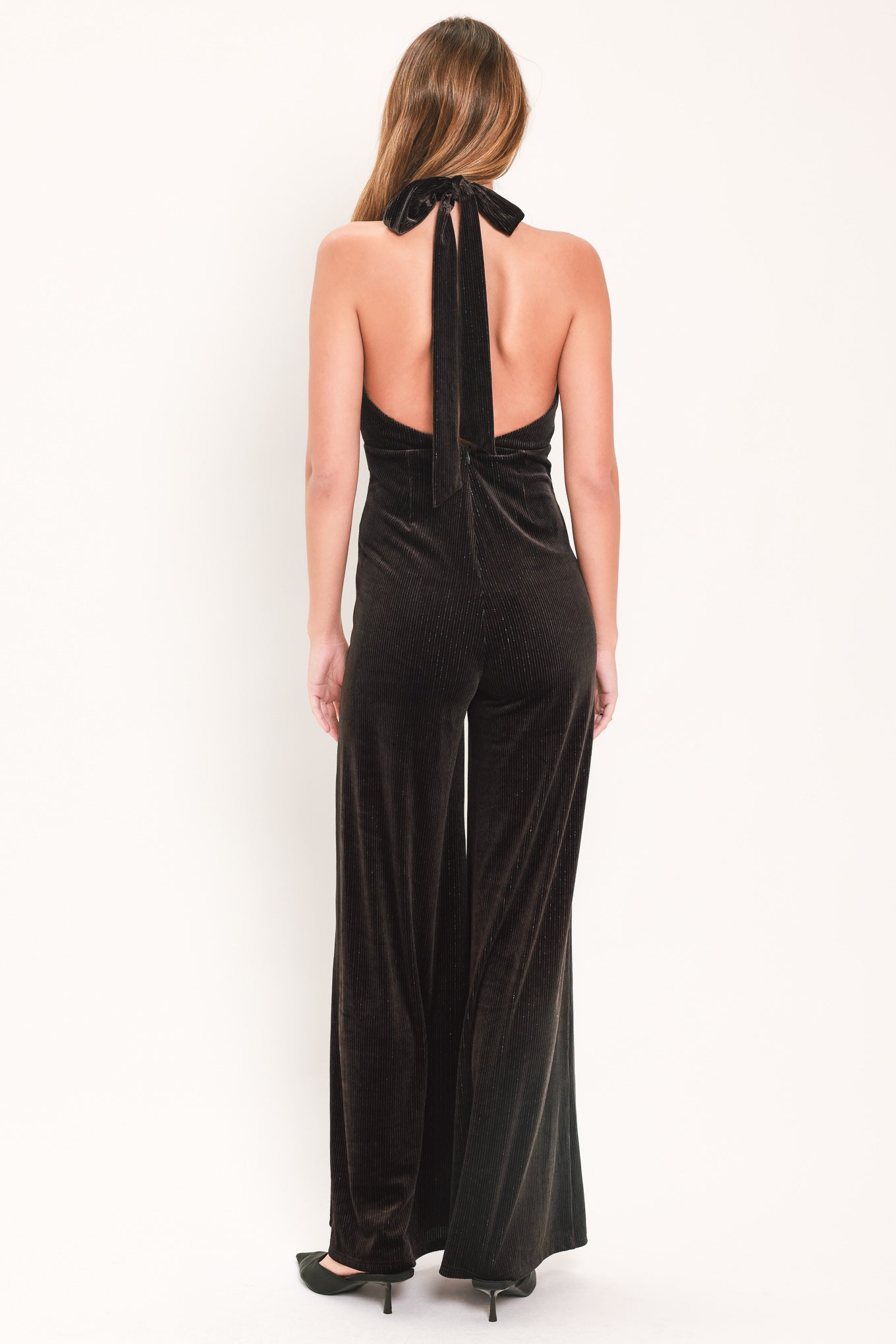 SHIMMERED ESPRESSO VOW VELVET JUMPSUIT