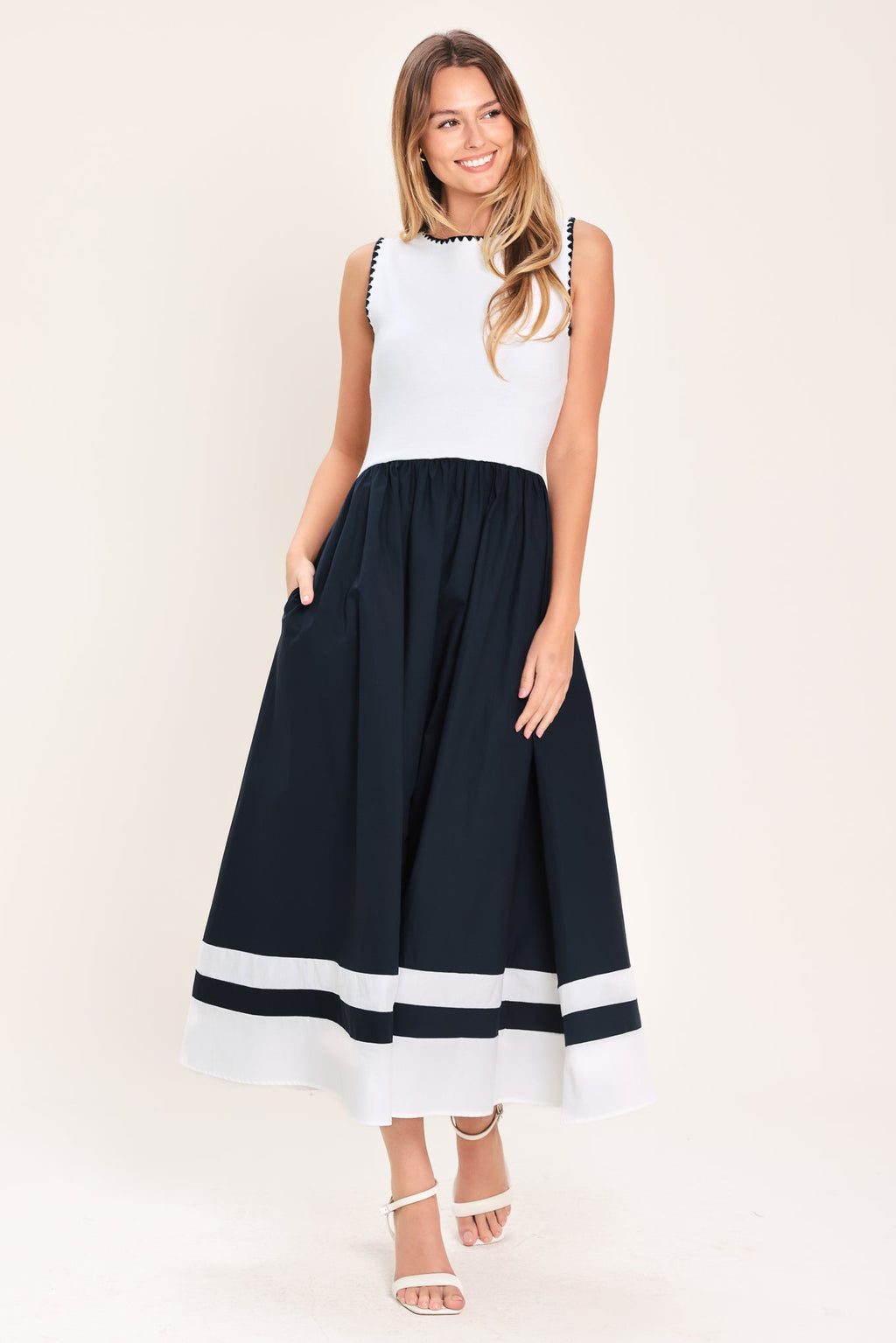 EVERYDAY ELEGANCE WOVEN COMBINATION MIDI DRESS