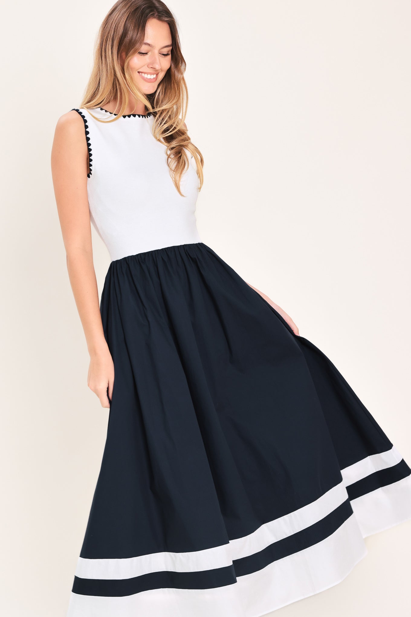 EVERYDAY ELEGANCE WOVEN COMBINATION MIDI DRESS