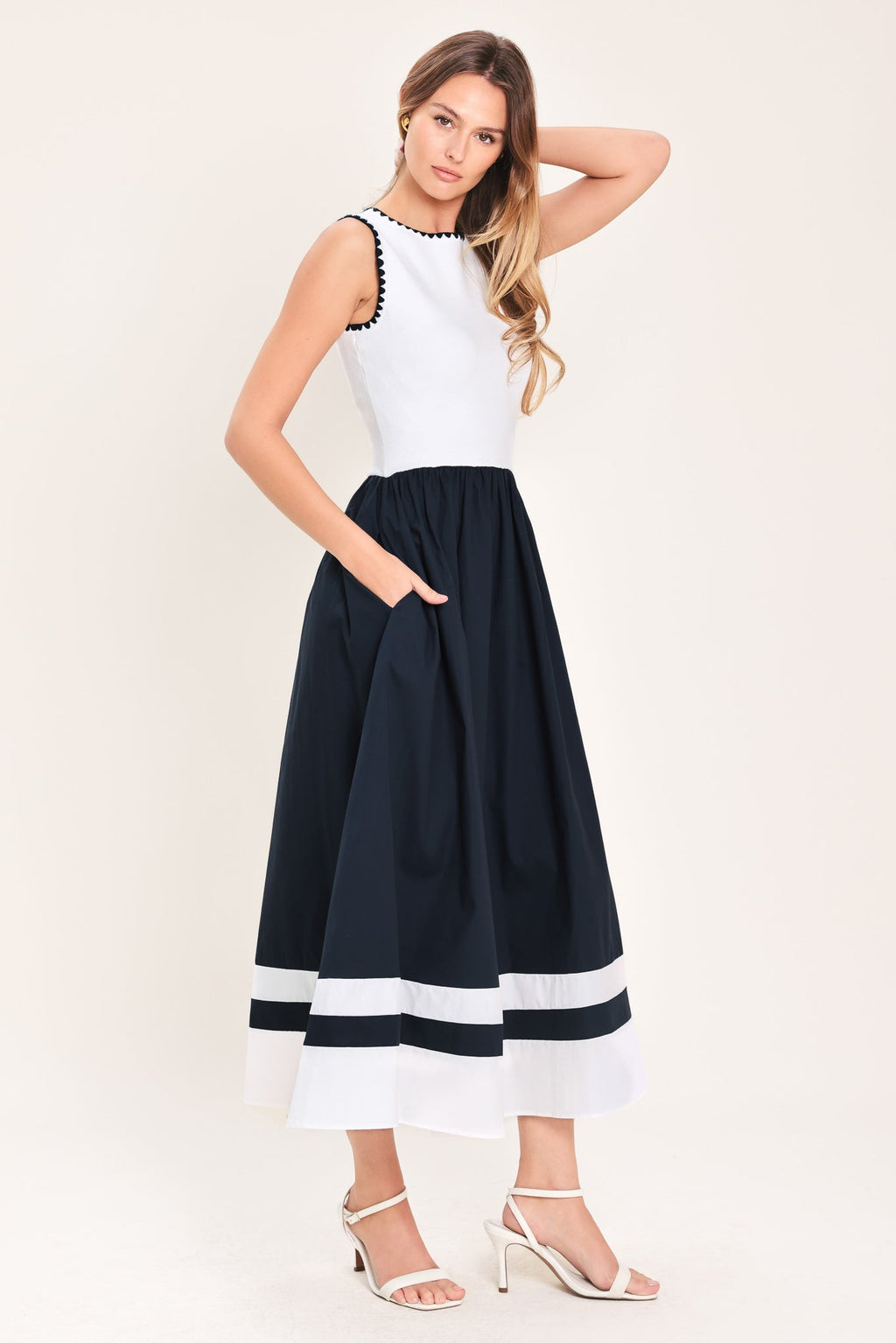 EVERYDAY ELEGANCE WOVEN COMBINATION MIDI DRESS