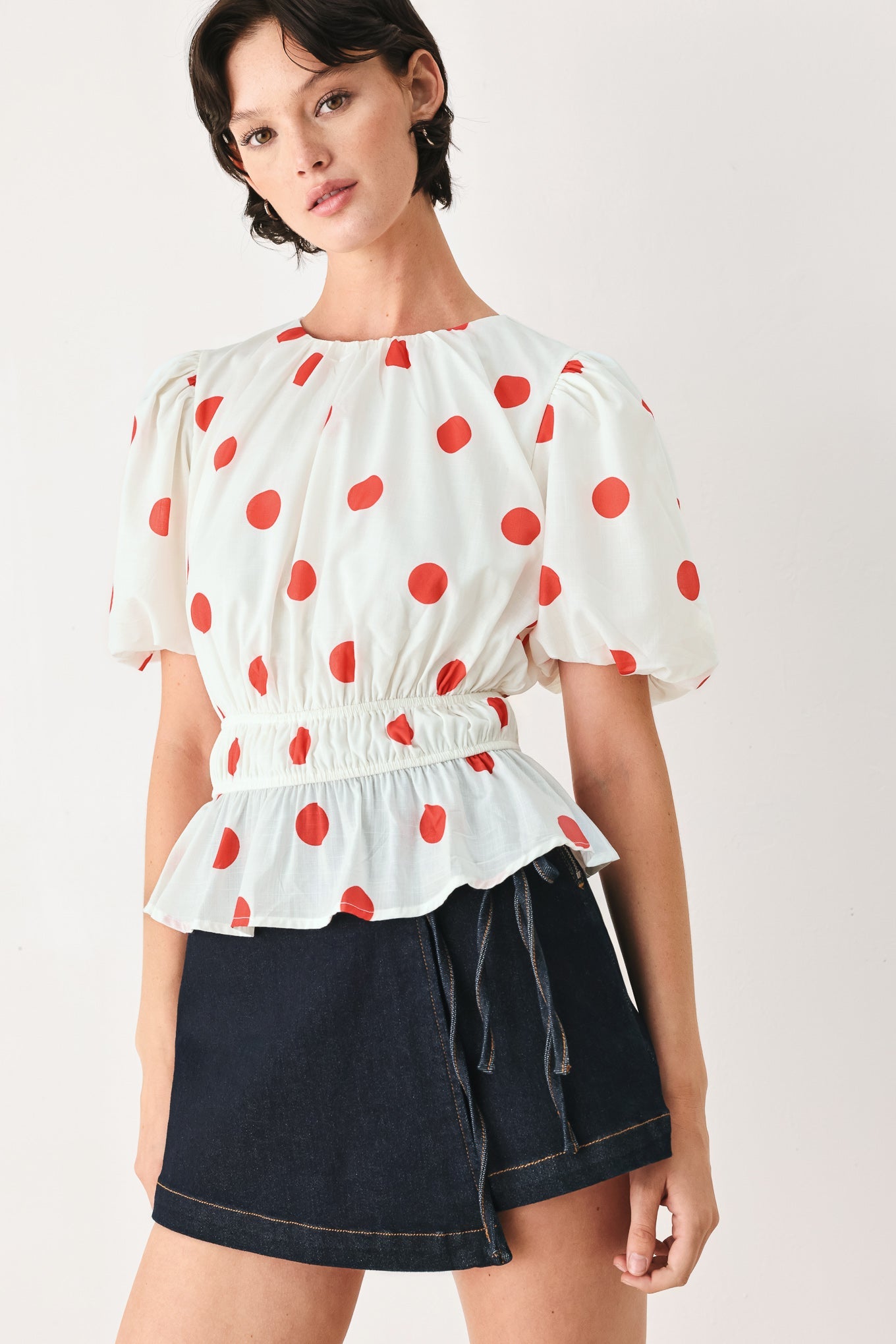 CHERRY KISS POLKA DOT WOVEN TOP