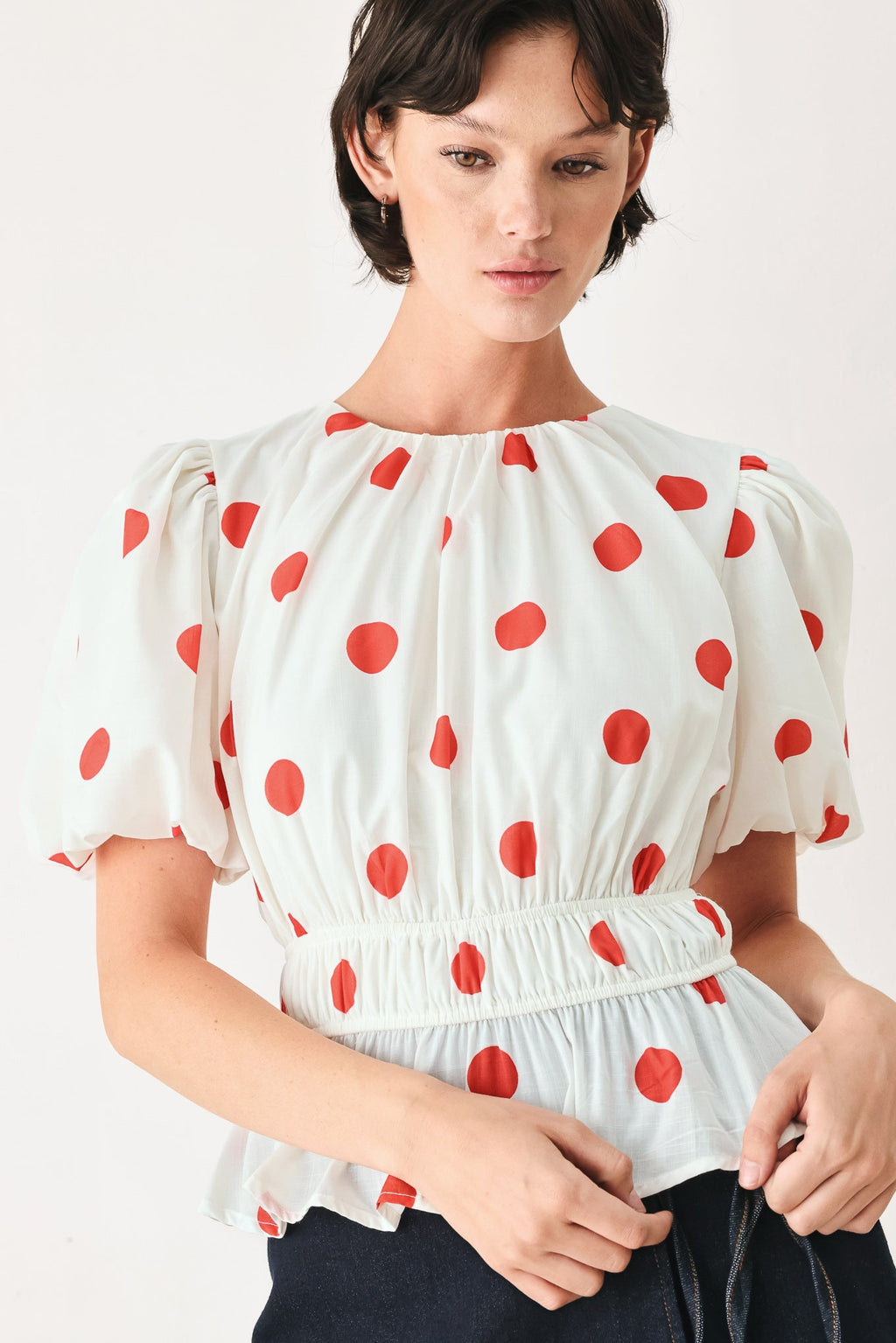 CHERRY KISS POLKA DOT WOVEN TOP