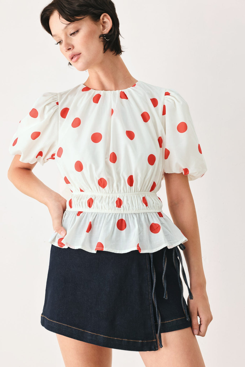 CHERRY KISS POLKA DOT WOVEN TOP