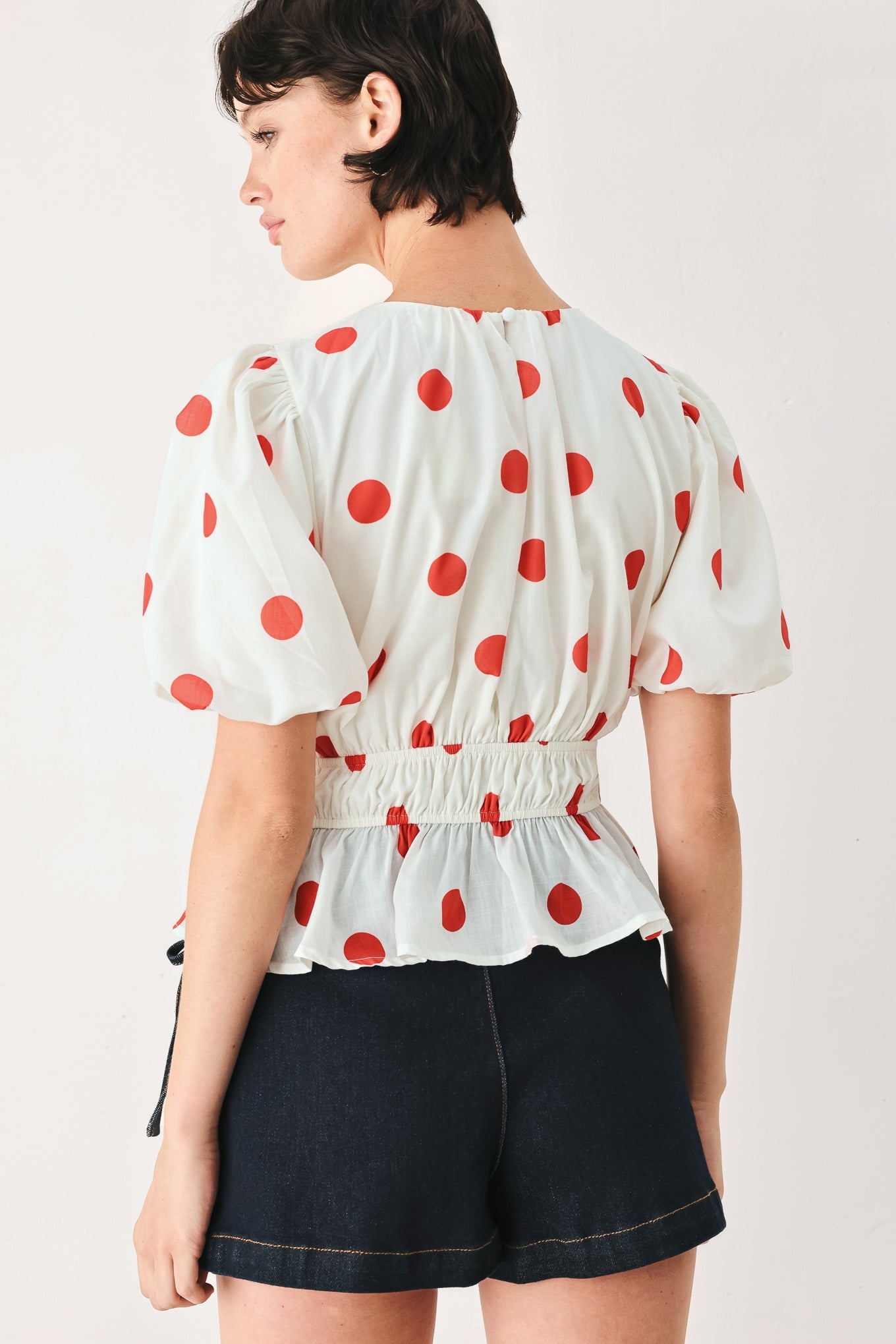 CHERRY KISS POLKA DOT WOVEN TOP