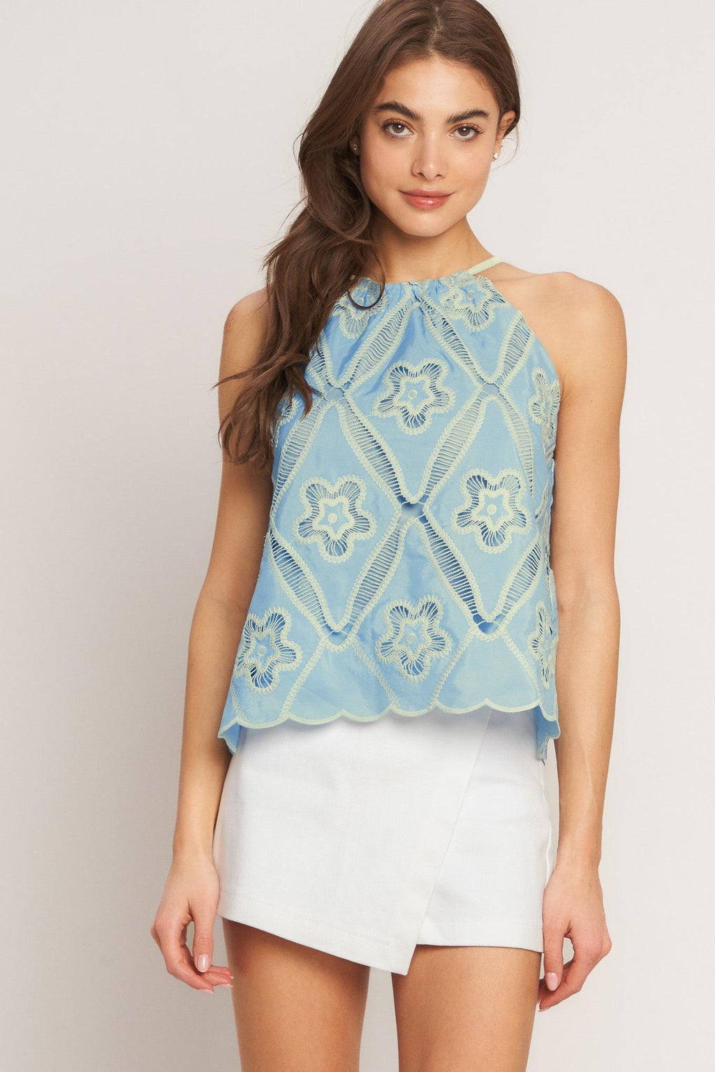 SKY LACE SUMMER HALTER WOVEN TOP