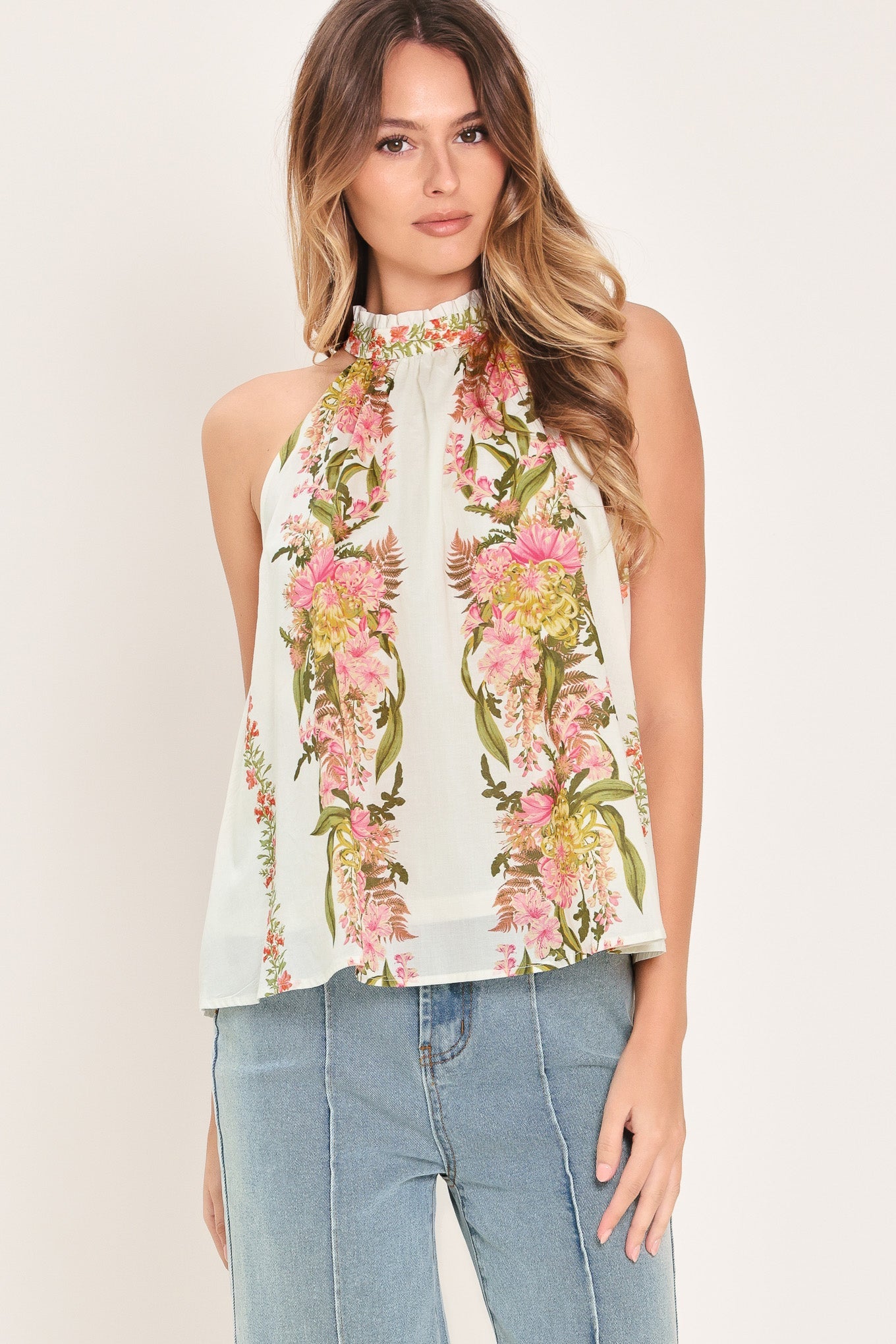 BOTANICAL ESCAPE WOVEN HALTER TOP