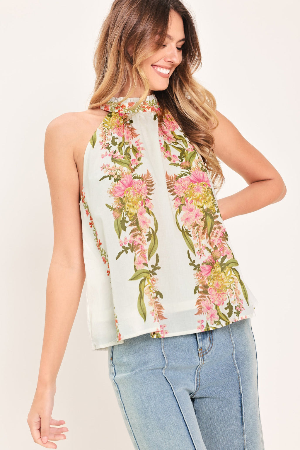 BOTANICAL ESCAPE WOVEN HALTER TOP