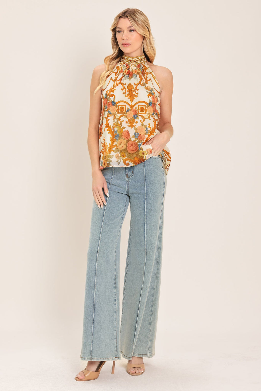 ANTIQUE BLOOM WOVEN HALTER TOP