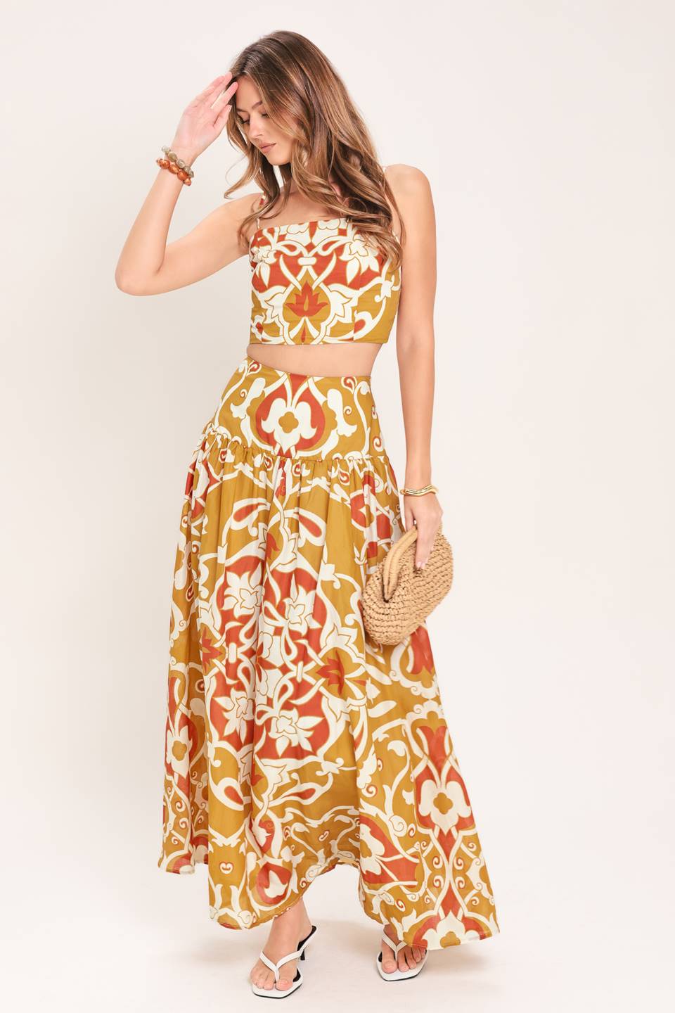 GOLDEN ISLAND WOVEN TOP AND SKIRT SET