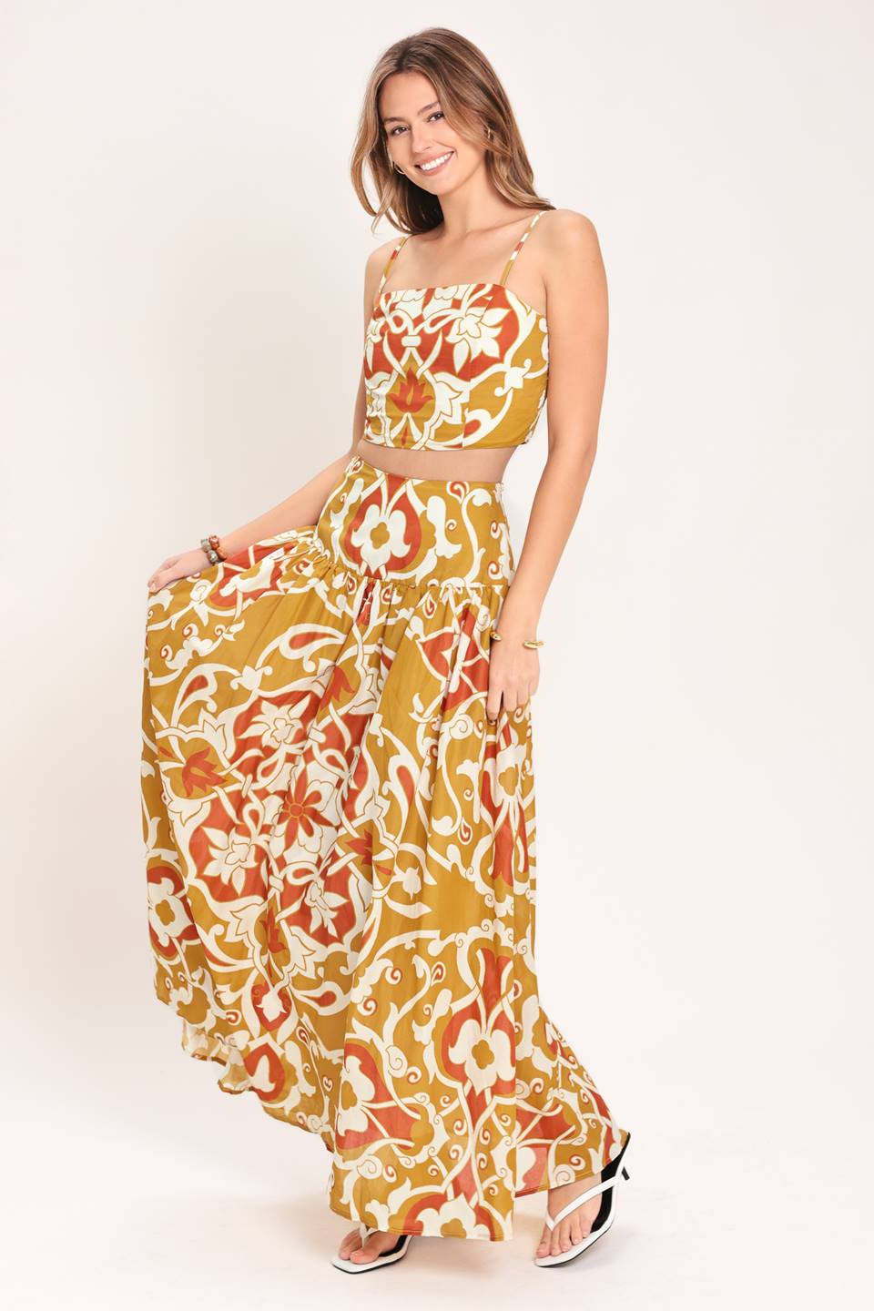 GOLDEN ISLAND WOVEN TOP AND SKIRT SET