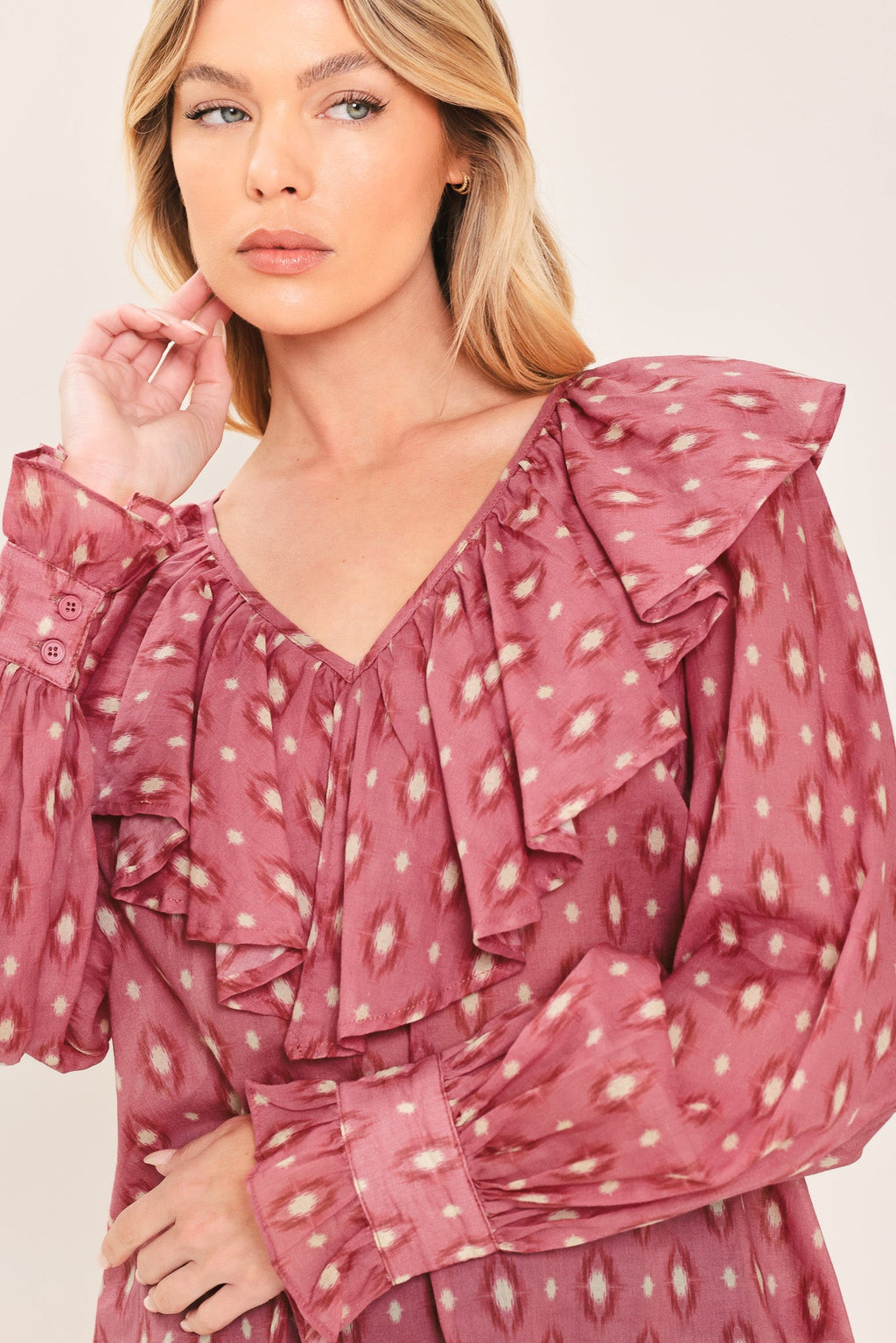 ROSE IKAT RUFFLE WOVEN TOP