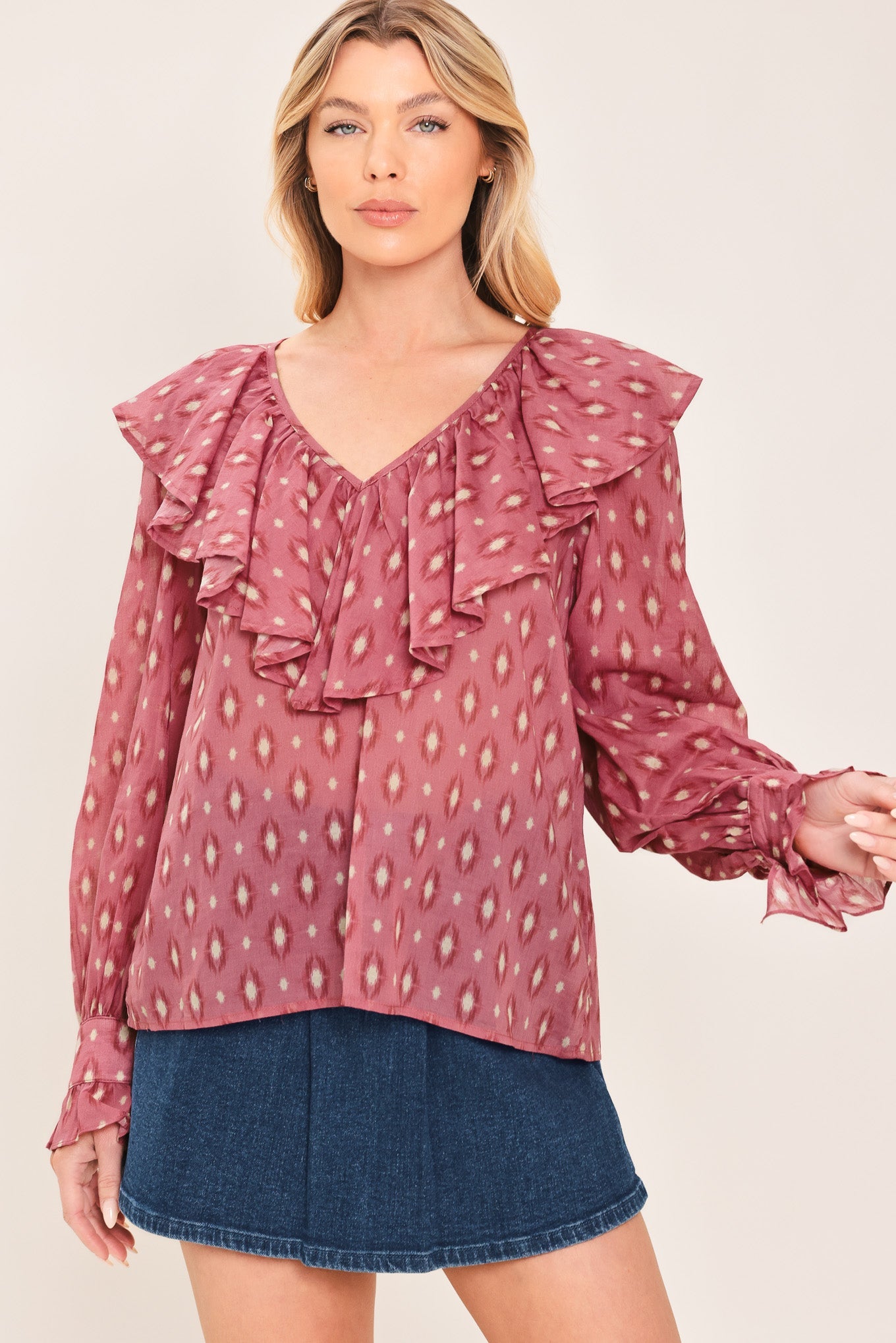 ROSE IKAT RUFFLE WOVEN TOP