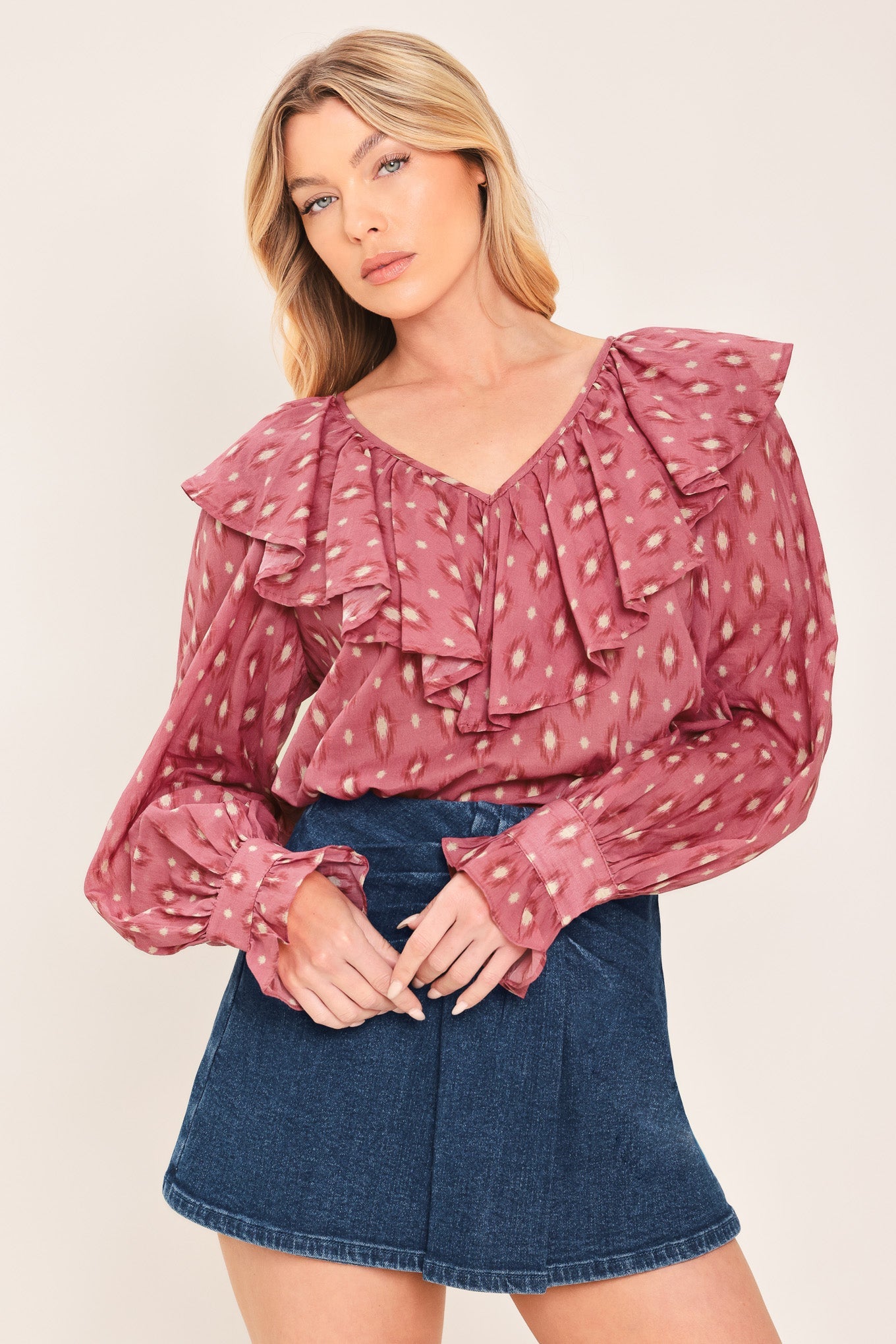 ROSE IKAT RUFFLE WOVEN TOP