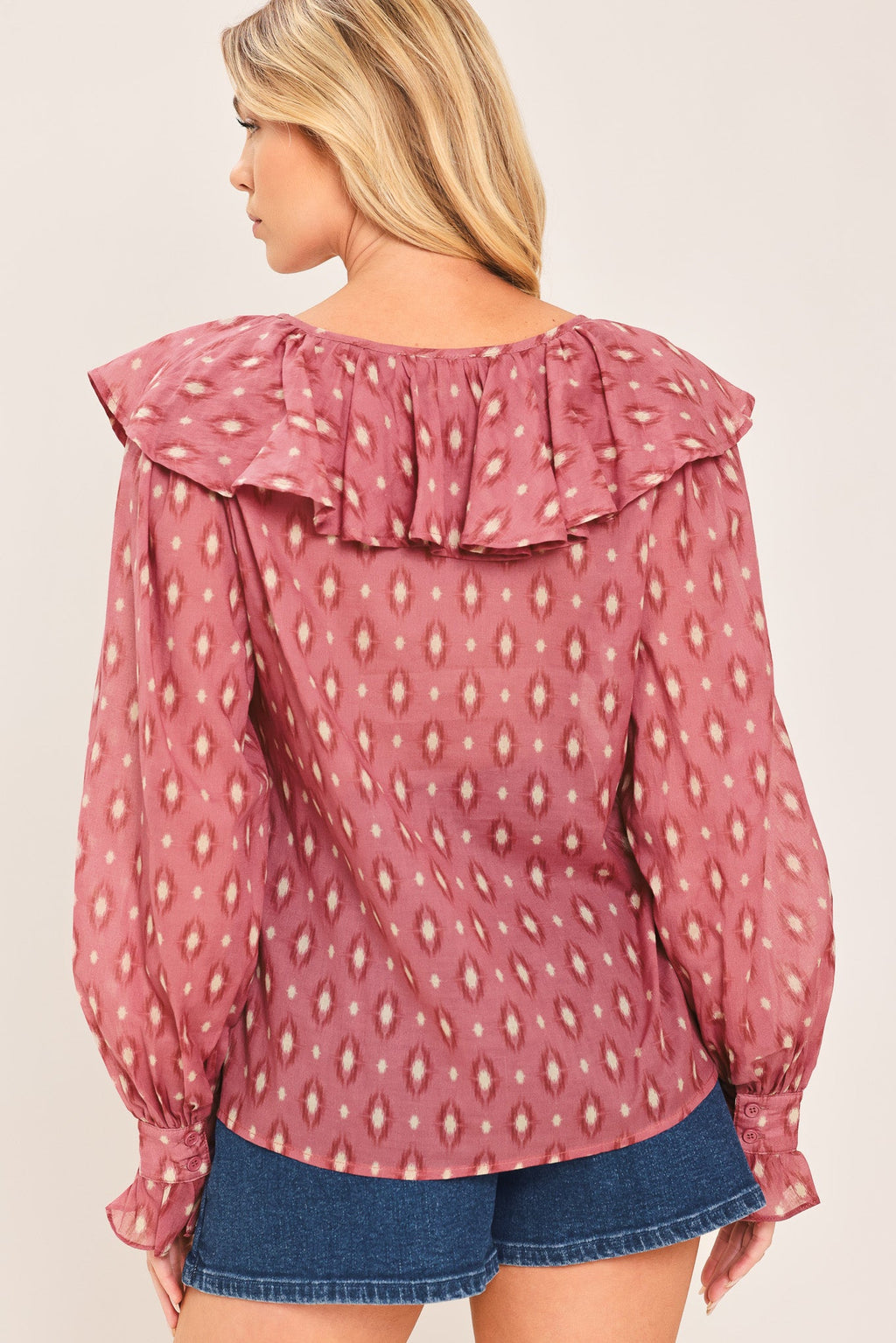 ROSE IKAT RUFFLE WOVEN TOP